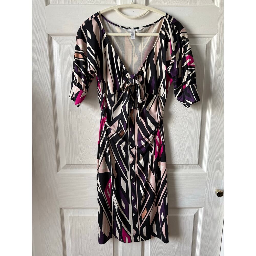 Diane von Furstenberg Kitt Silk Bow Dress Pink Black Sz 2 Designer Office‎ Chic